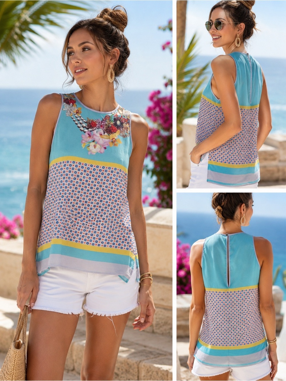 Dream Daily Sleeveless Printed Tank Top Boho Floral Anthropologie Medium silky